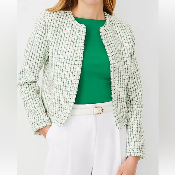 Ann Taylor Jackets & Blazers - Ann Taylor women’s Green and Cream Fringe Tweed Jacket 4P